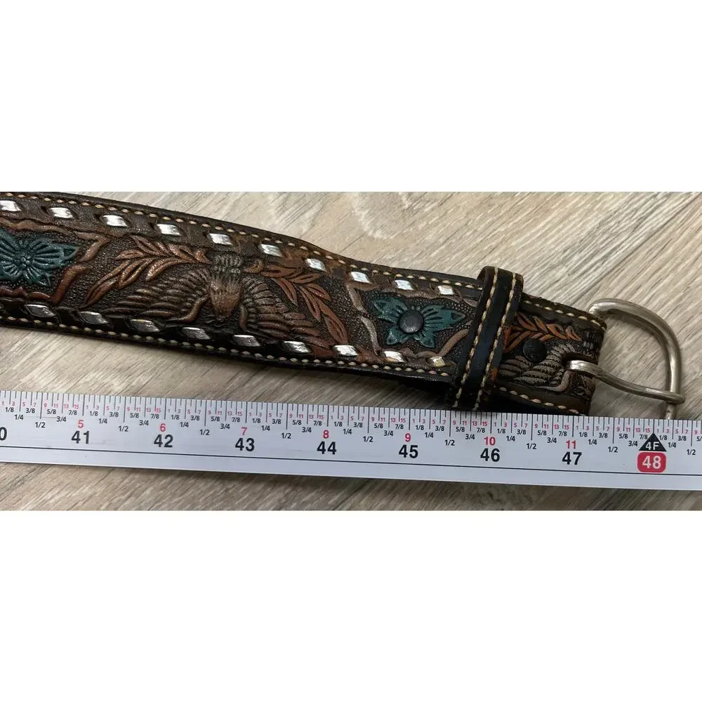 Vintage Dun Dee Size 42 Tooled Leather Eagle Western Cowboy Belt Silver Lacing